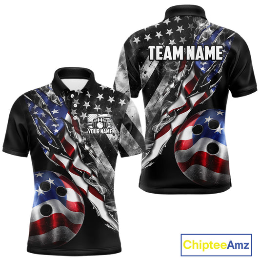 Personalized Smoke US Flag men's bowling polo shirt custom patriotic bowling team uniform, personalized bowling jersey, men's bowling league apparel, tournament bowling shirt