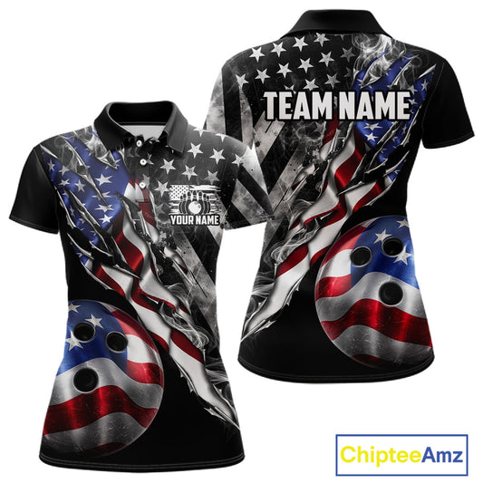 Personalized Smoke US Flag women's bowling polo shirt custom patriotic bowling team uniform, personalized bowling jersey, ladies bowling league apparel, tournament bowling shirt