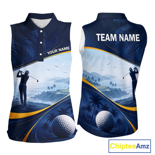Women's palm trees golf sleeveless polo shirt, tropical ocean golf apparel, personalized golf shirt, summer golf clothing, resort golf polo, golf vacation outfit