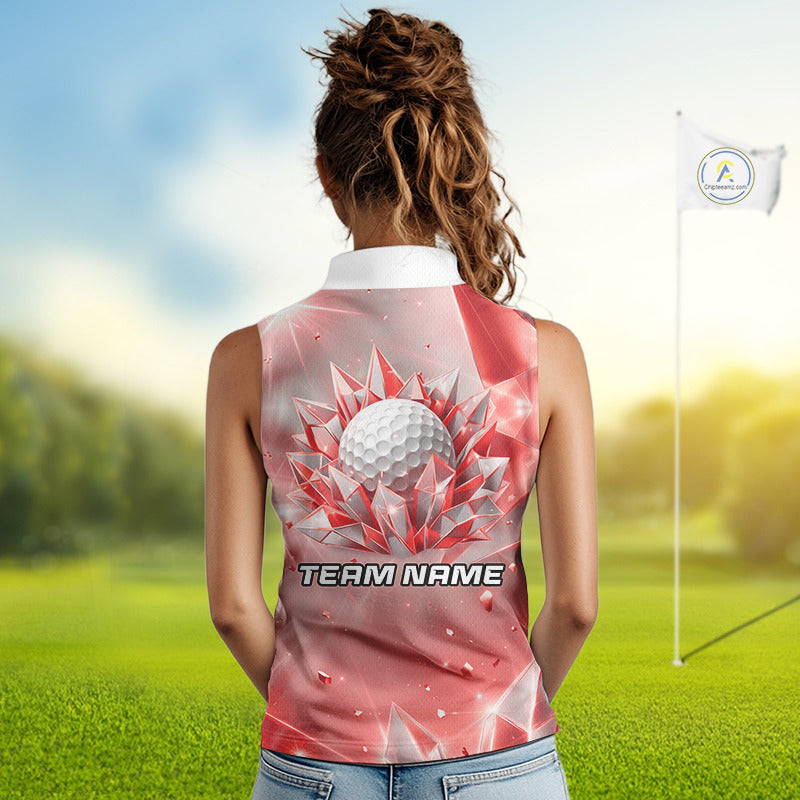 Women Golf Sleeveless Polo Shirt Custom Red-Diamond Crystal Golf Ball Custom Name Golf Shirts For Team NYN3157