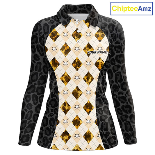 Black leopard womens golf polo yellow argyle golf outfit