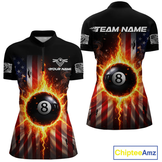 Flame 8 Ball Pool Women Billiard Polo & 1/4-Zip Shirt Custom US Flag Billiard Team Jersey NYN2372