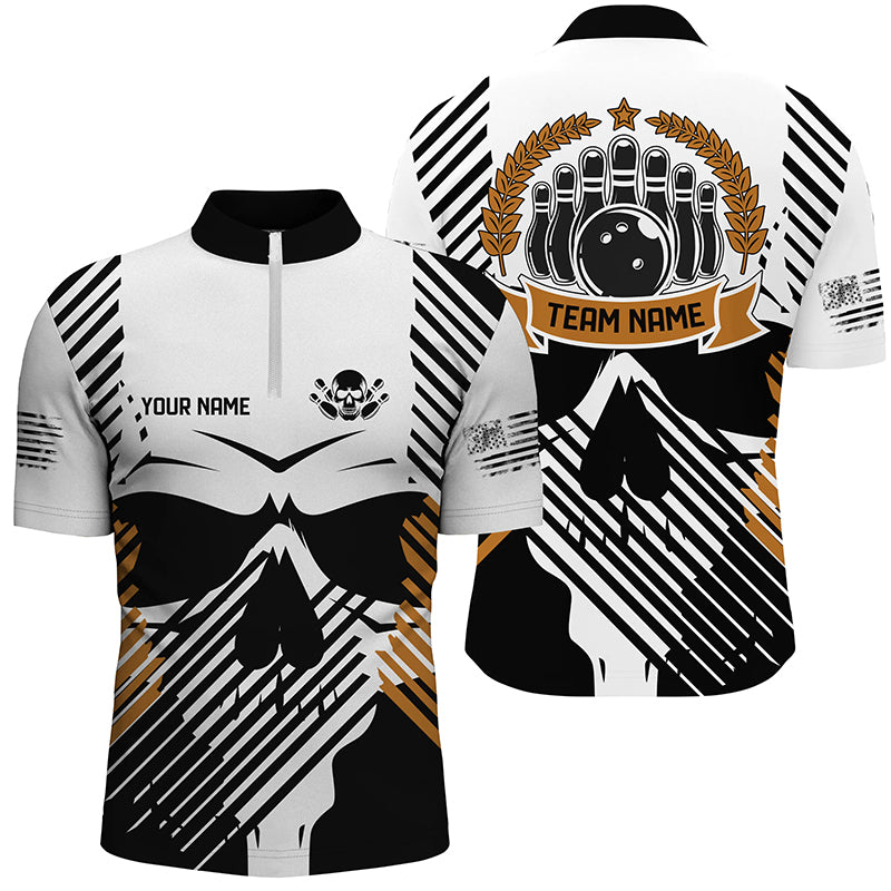 Personalized Men Bowling Shirts Skull 1/4 Zip Bowling Black & White Bowling Jersey QZT451