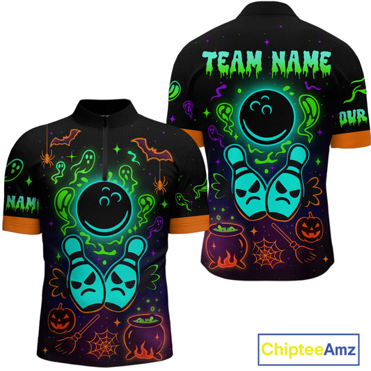 Custom Neon Bowling Team Shirt Halloween Polo & Quarter-Zip Bowling Jersey for Men QZT731