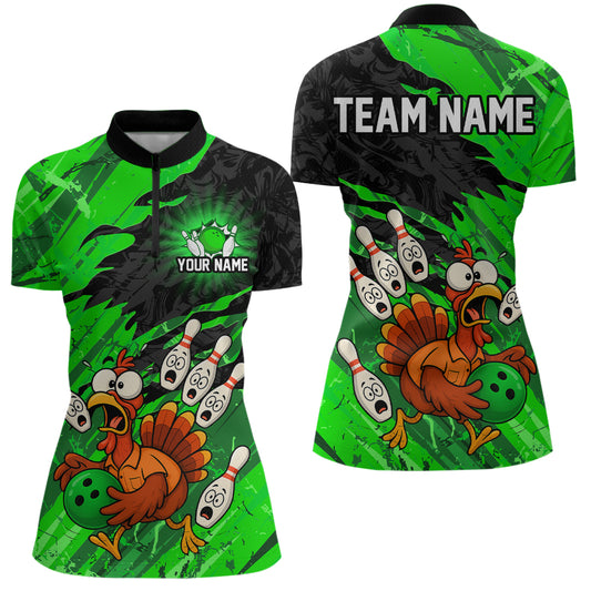 Custom Green Turkey Bowling Shirt Funny Ball Pin League Jersey for Women Polo Outfit QZT765