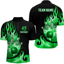 Load image into Gallery viewer, Custom Black & Green Bowling Shirts For Men & Women Flame Bowling Team Jersey Quarter-Zip BDT536