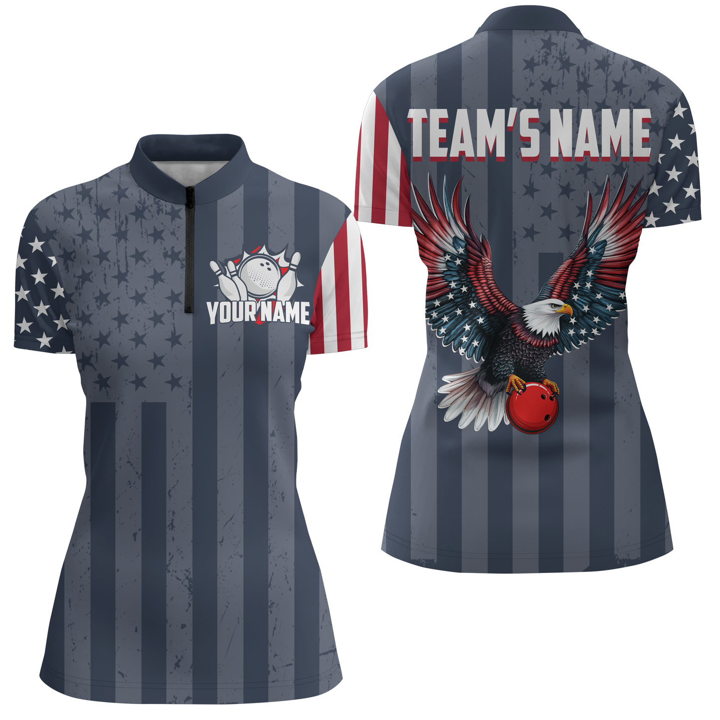 Eagle Navy Bowling Shirt For Men & Women Custom Patriotic Bowling Team Jersey Quarter-Zip BDT540