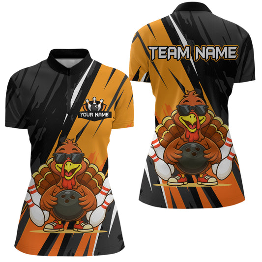 Custom Orange Funny Turkey Bowling Jersey for Women Polo & 1/4 Zip Thanksgiving Bowling Team Shirts HNT124