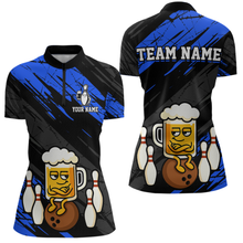 Load image into Gallery viewer, Custom Blue Funny Beer Bowling Jersey for Women Bowling Uniform Polo & 1/4 Zip Bowling Team Shirts HNT107