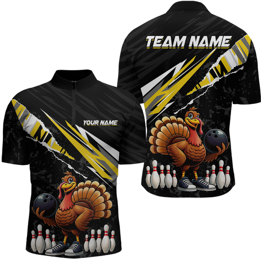 Custom Yellow Funny Turkey Bowling Jersey for Men Thanksgiving Bowling Shirts Polo & 1/4 Zip HNT117