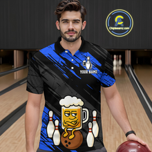 Load image into Gallery viewer, Custom Blue Funny Beer Bowling Jersey for Men Bowling Uniform Polo & 1/4 Zip Bowling Team Shirts HNT107