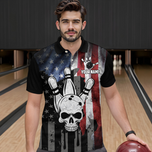 Load image into Gallery viewer, Personalized Skull Bowling Shirt for Men, Custom Team's Name American Flag Cool Bowler Jersey NBP128