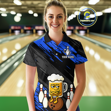 Load image into Gallery viewer, Custom Blue Funny Beer Bowling Jersey for Women Bowling Uniform Polo & 1/4 Zip Bowling Team Shirts HNT107