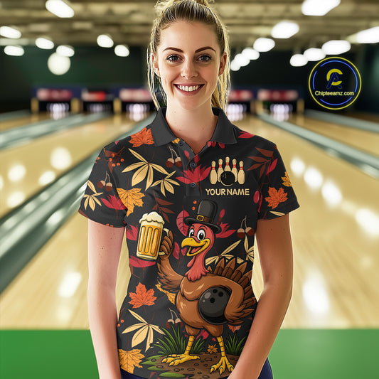Funny Turkey Bowling Beer Thanksgiving pattern Custom Team bowling outfits for women, bowling gifts NQS10963