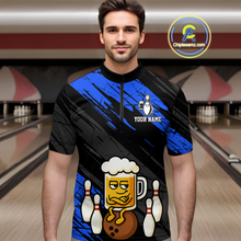 Load image into Gallery viewer, Custom Blue Funny Beer Bowling Jersey for Men Bowling Uniform Polo & 1/4 Zip Bowling Team Shirts HNT107