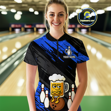 Load image into Gallery viewer, Custom Blue Funny Beer Bowling Jersey for Women Bowling Uniform Polo & 1/4 Zip Bowling Team Shirts HNT107