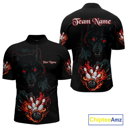 Custom Flame Wolf Bowling Jersey for Men Bowling Uniform Polo & 1/4 Zip Bowling Team Shirts HNT144