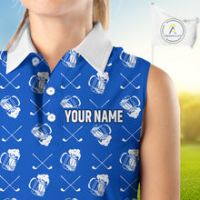 Load image into Gallery viewer, Blue and white golf pattern Women sleeveless polo shirt custom golf beer outfit ladies golf clothes NQS9856