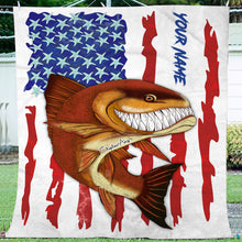 Load image into Gallery viewer, Redfish fishing American flag funny Red drum ChipteeAmz's art custom name fishing fleece blanket AT053