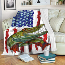 Load image into Gallery viewer, Muskellunge fishing American flag funny Musky ChipteeAmz's art custom name fishing fleece blanket AT052