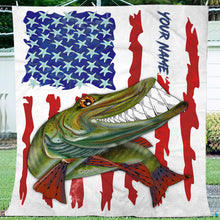 Load image into Gallery viewer, Muskellunge fishing American flag funny Musky ChipteeAmz's art custom name fishing fleece blanket AT052