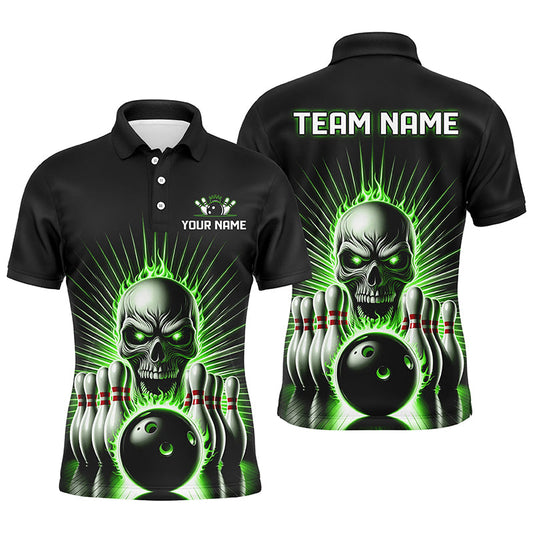 Green Flame Skull Custom Bowling Polo/ Quarter-Zip Team Shirts For Men Women, Bowler'S Outfits IPHW6023