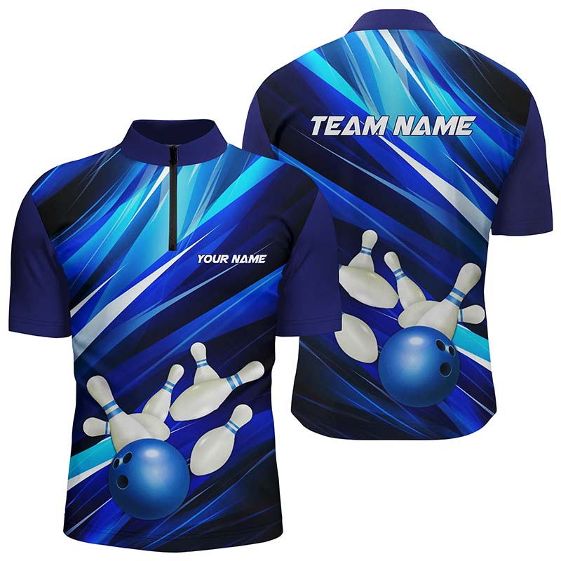 Blue Bowling Quarter Zip Shirts For Men, Bowling Ball And Pins Custom Bowling Team Jerseys IPHW5255
