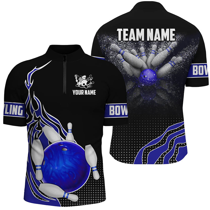 Blue and black Bowling Quarter Zip shirts for men custom Bowling ball pins Team Jerseys bowl gifts NQS6252