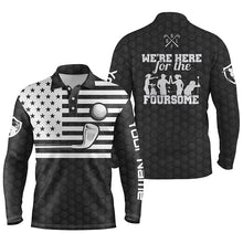 Load image into Gallery viewer, Black white American flag mens golf polo shirts custom name we're here for the foursome golf gifts NQS4986