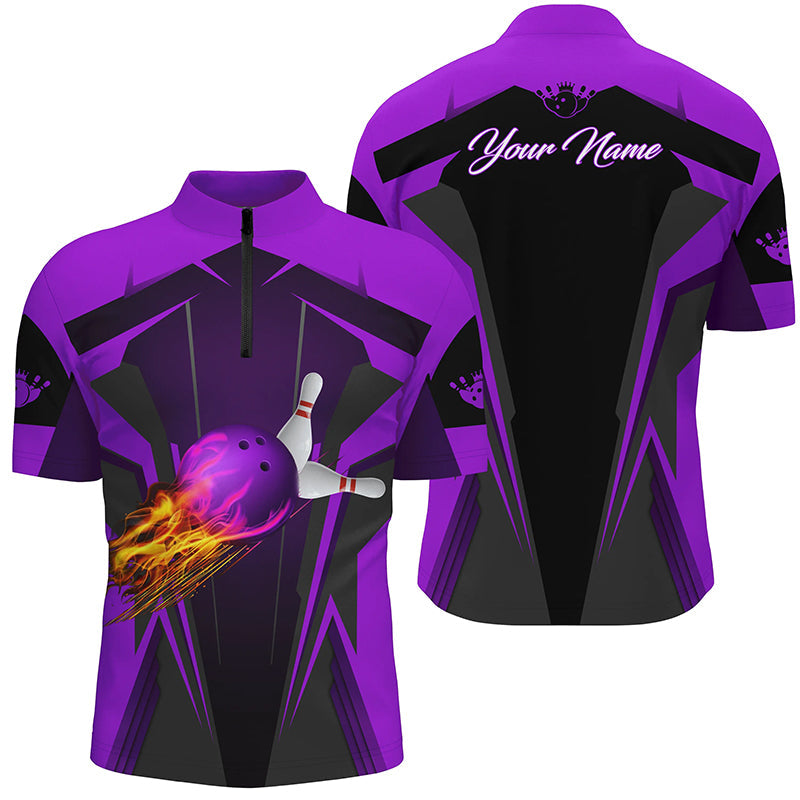 Personalized Mens Quarter Zip Shirt Flame Bowling Ball Pins, bowling jerseys for bowlers | Purple NQS6440