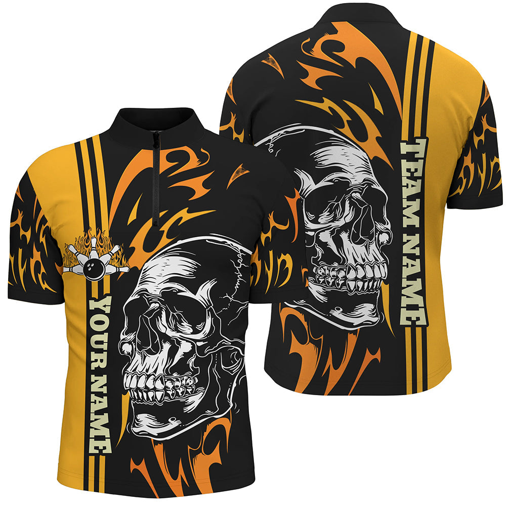 Men bowling Quarter Zip shirts Custom black and yellow flame skull Bowling ball pin Team league Jersey NQS7275