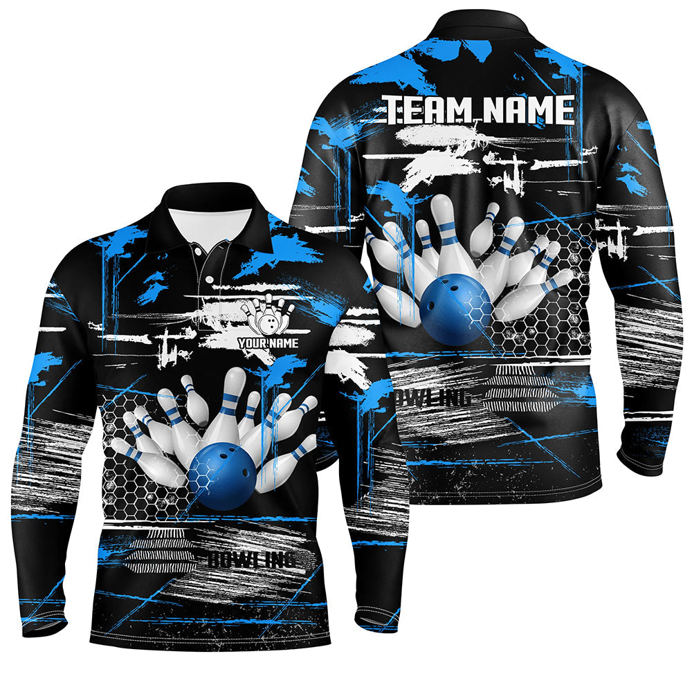 Mens Bowling polo shirts Custom black and blue retro Bowling Team league Jerseys, gifts for bowlers NQS7100