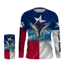 Load image into Gallery viewer, Marlin Sailfish fishing Texas flag custom name & team name fishing apparel, custom upf fishing shirts NQS3052