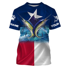 Load image into Gallery viewer, Marlin Sailfish fishing Texas flag custom name & team name fishing apparel, custom upf fishing shirts NQS3052