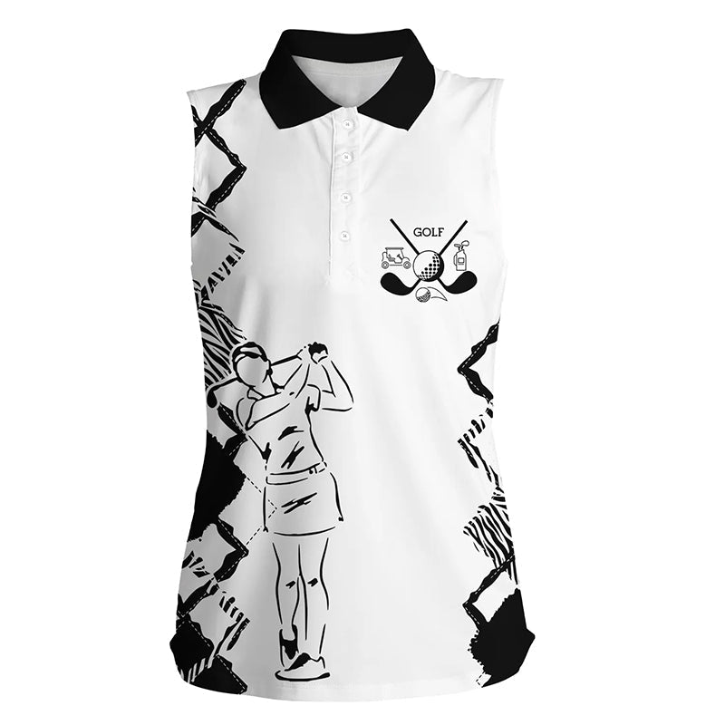 White Womens sleeveless polo shirt golf clubs ladies golf tops, gifts for golf lovers | Black NQS6444