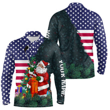 Load image into Gallery viewer, American flag Christmas Santa golf pattern custom Mens golf polo shirts, Xmas golf outfits men NQS6779