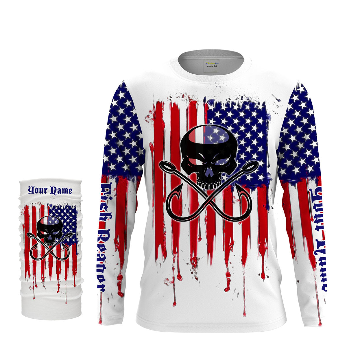 Fishing Hooks Skull Fish Reaper American Flag UV Protection Shirts, Patriotic Fishing Apparel - Personalized Gifts FSD2258