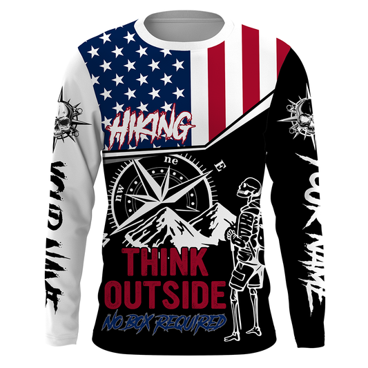 Personalized American Flag Shirt Hiker T-shirt Skull Think Outside Hiking TShirt Patriotic Shirt UPF 30+| SP48