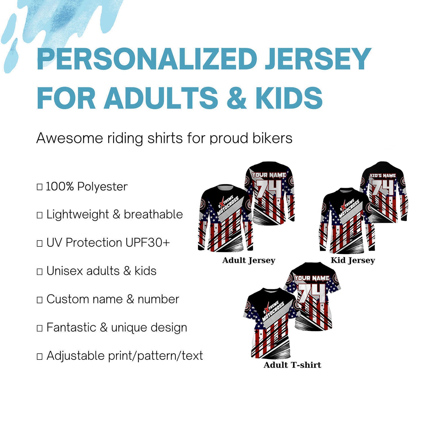 Extreme Motocross kid women men jersey UPF30+ USA flag dirt bike racing Patriotic motorcycle shirt PDT350