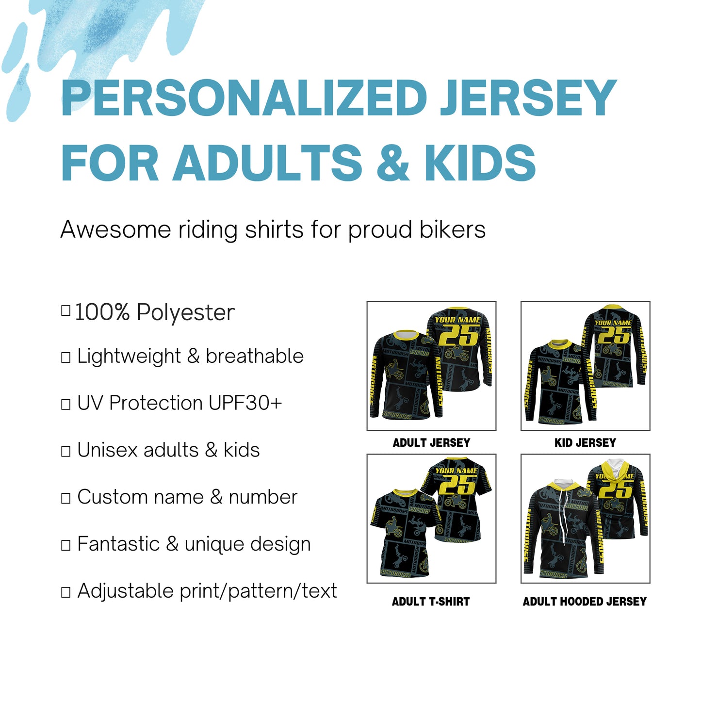 Kid adult youth Motocross jersey UPF30+ MX racing blue off-road shirt dirt bike extreme motorcycle PDT113