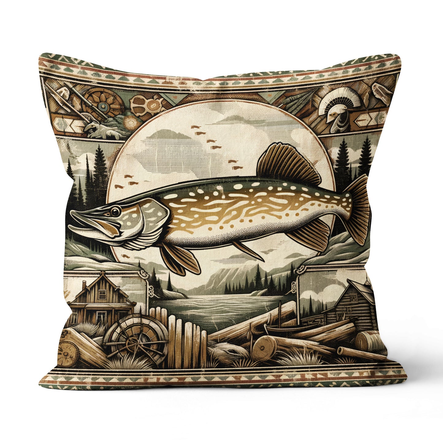 Pike Fishing Lodges Fishing Pillow, Rustic Fishing Cabins decor Fishing Gifts IPHW5695