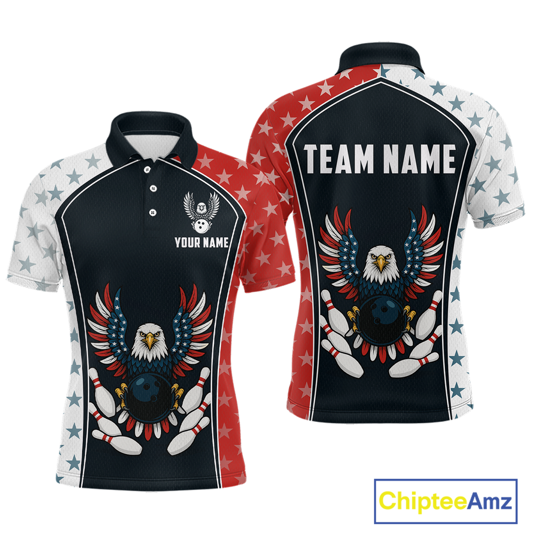 Eagel US Flag Bowling Custom Men Bowling Shirt Polo & Quarter-Zip Bowling Team Jerseys HNT57