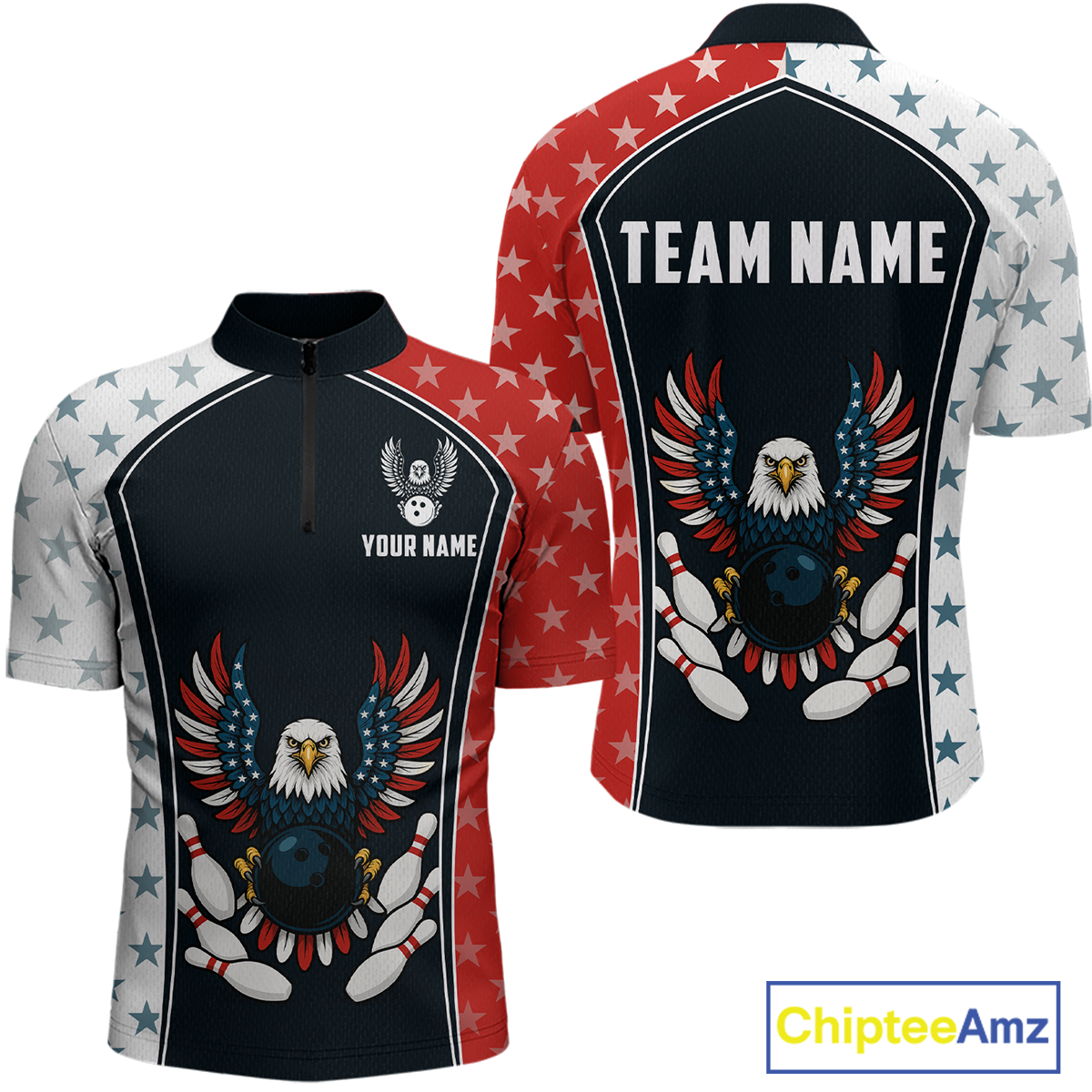 Eagel US Flag Bowling Custom Men Bowling Shirt Polo & Quarter-Zip Bowling Team Jerseys HNT57
