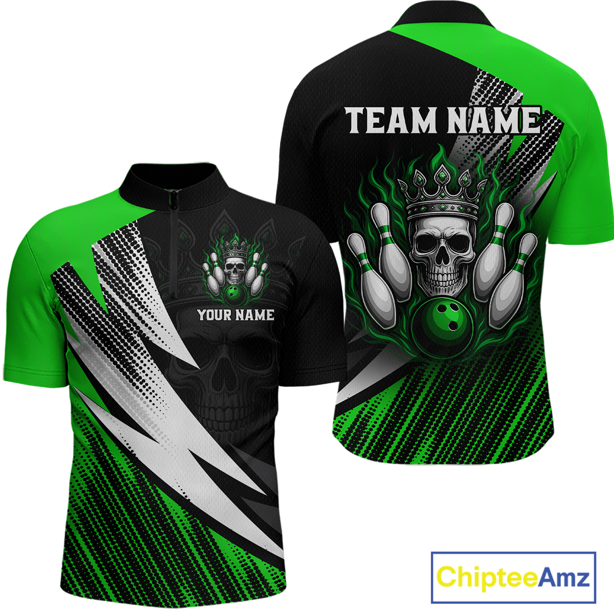 Green Skull Crown Bowling Custom Men Bowling Shirt Polo & Quarter-Zip Bowling Team Jerseys HNT65