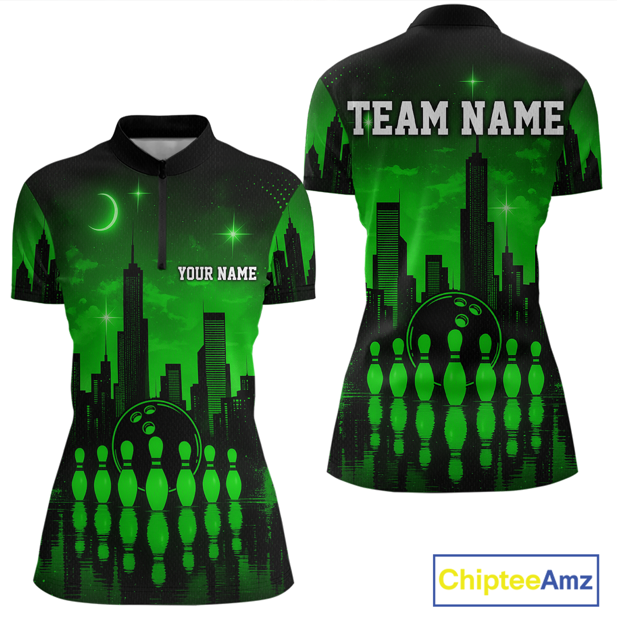 Green Bowling Custom Women Bowling Shirt Polo & Quarter-Zip Bowling Team Jerseys HNT66