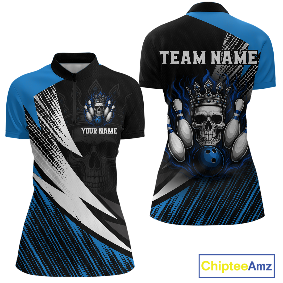 Blue Skull Crown Bowling Custom Women Bowling Shirt Polo & Quarter-Zip Bowling Team Jerseys HNT65