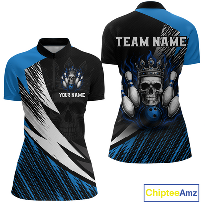 Blue Skull Crown Bowling Custom Women Bowling Shirt Polo & Quarter-Zip Bowling Team Jerseys HNT65