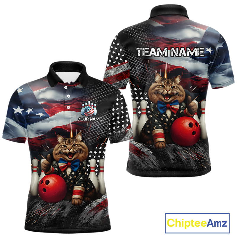 American Flag Funny Cat Bowling Shirt for Men Custom Bowling League Jersey Polo & 1/4 Zip Shirt QZT807