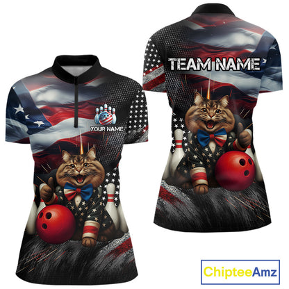 American Flag Funny Cat Bowling Shirt for Women Custom Bowling League Jersey Polo & 1/4 Zip Shirt QZT807