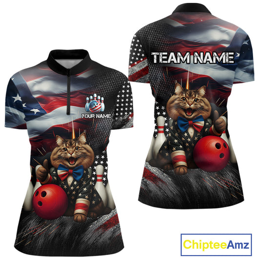 American Flag Funny Cat Bowling Shirt for Women Custom Bowling League Jersey Polo & 1/4 Zip Shirt QZT807